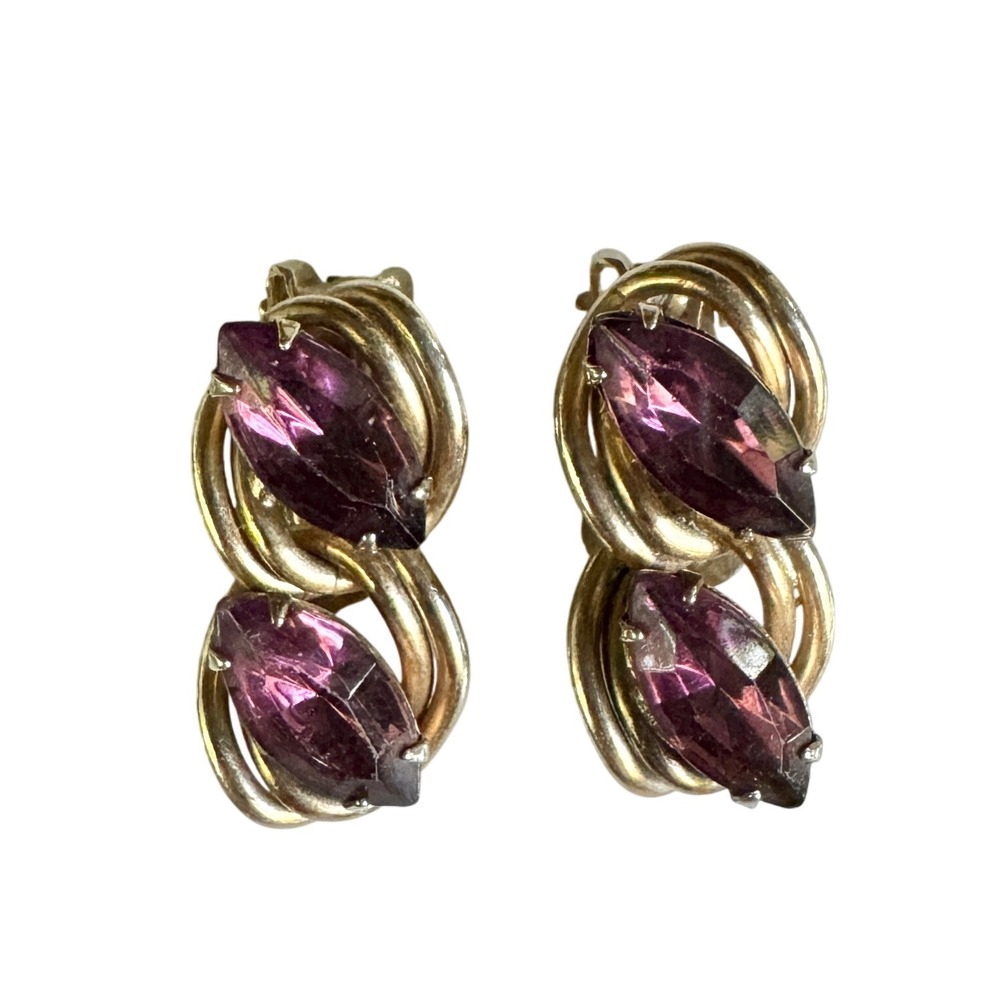 Vintage Purple Rhinestone Gold Tone Double Stone Clip On Earrings